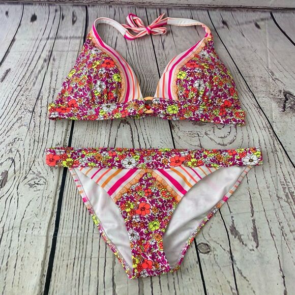 Victoria’s Secret Bikini Neon Floral Halter Size Small/Large - Picture 1 of 13